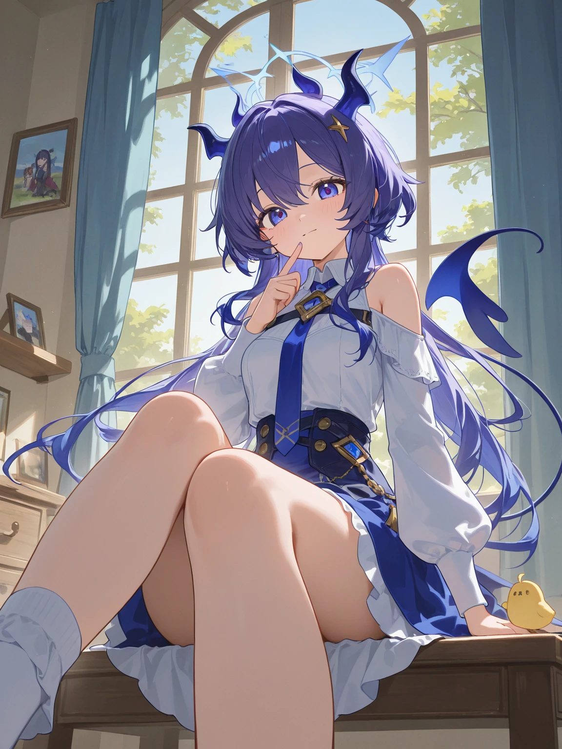 ((Highest quality)), ((masterpiece)), (detailed), ((High resolution)), ass pov, 1girl, (独奏), (NSFW), (angry), full blush, embarrassed, female masturbation, darkblue dress, pantyless, show off nipple, spread legs, clothed, sweat, rittle wet, depth of field