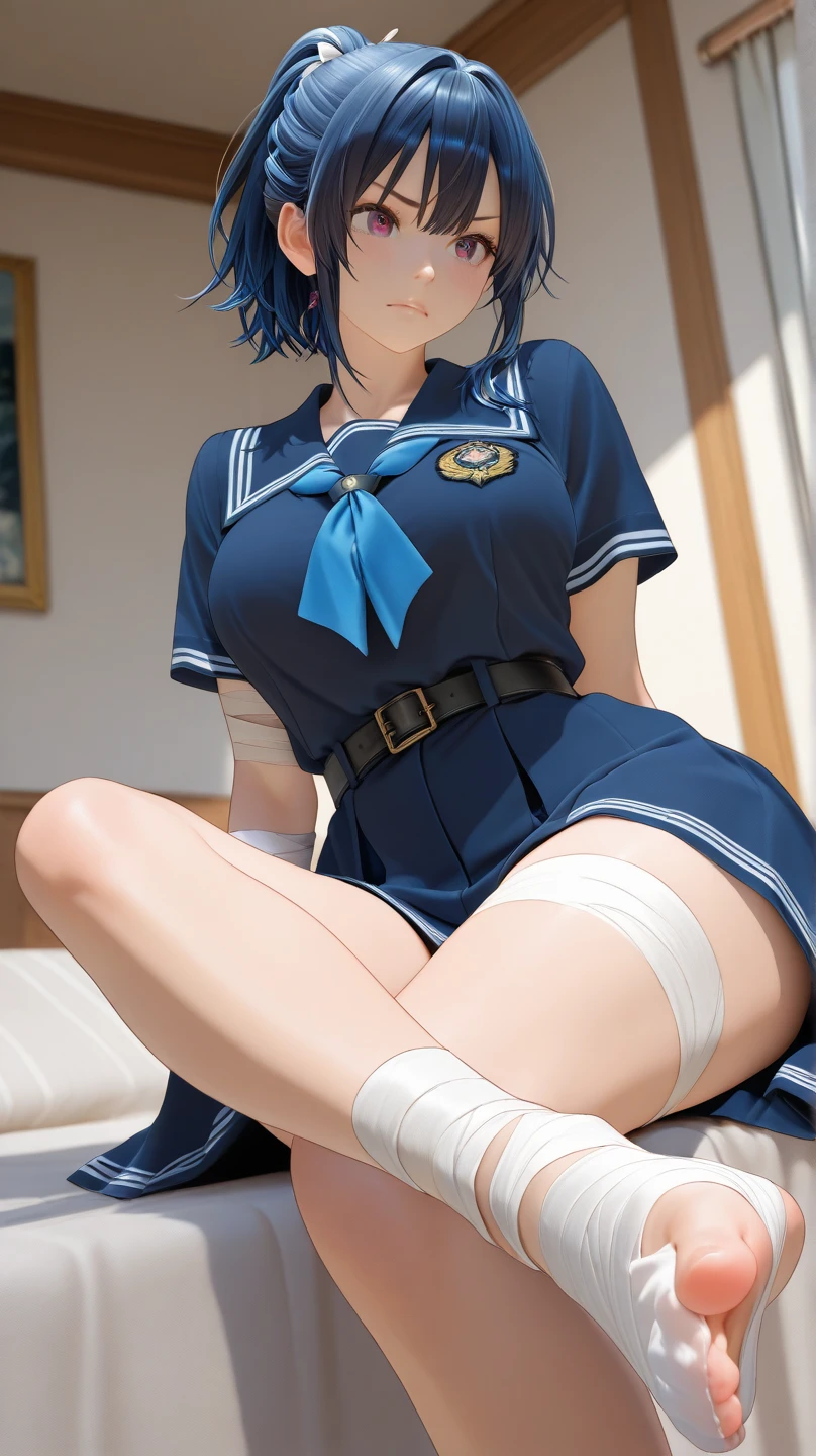 (8K), (High Quality), (Ultra realistic), (High Details), (Face detail), (Shadow Detail), (huge breasts: 1.5), 1 japanese girl, 25 years old, blue eyes, thin lips, sad, blue hair, short hair, school uniform, white stocking, low light, room detailed