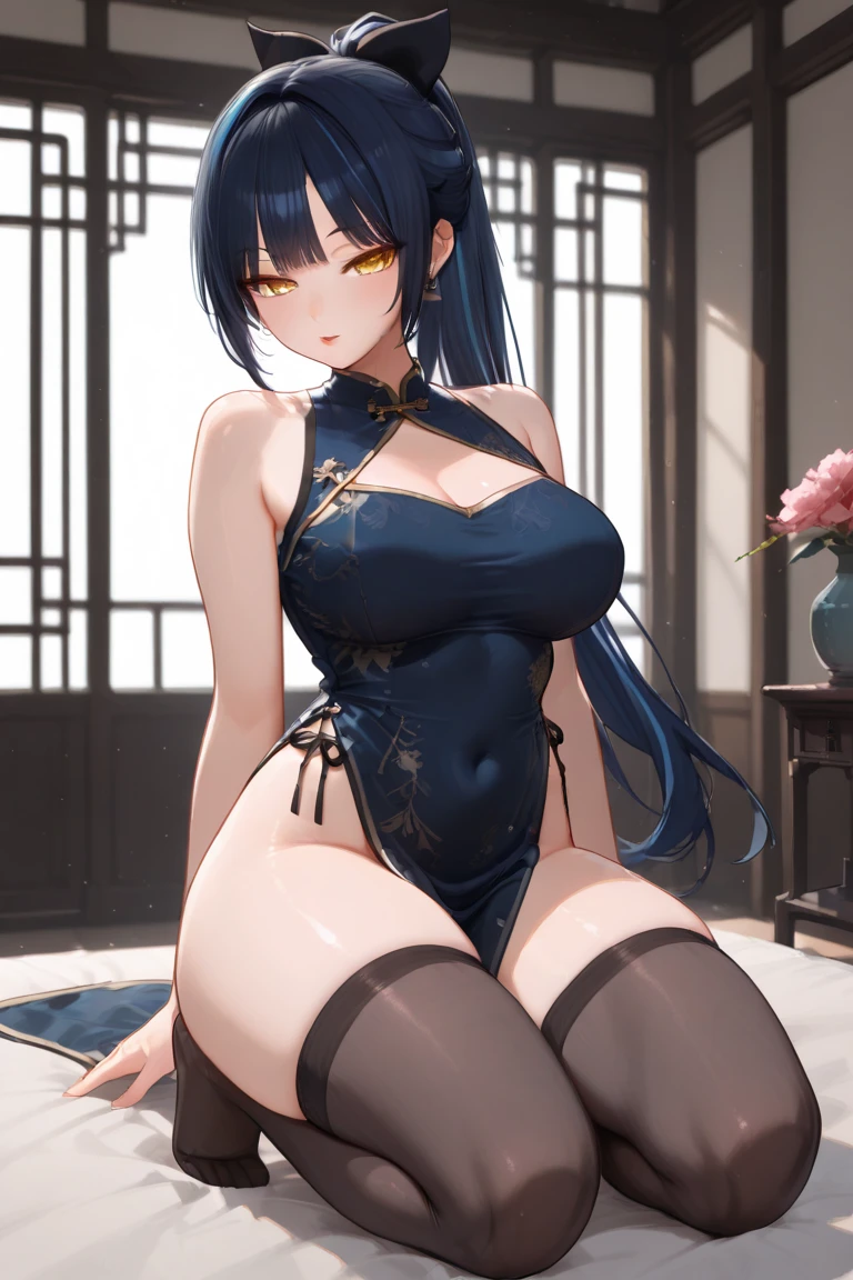 masterpiece, best quality, beautiful art, high resolution, well formed hands, body and fingers, 1 woman, solo, Ganyu, goat horns, adult, grown up, big breasted, cleavage full body, wearing a Bremerton kung Fu cruiser outfit, hair ornament, gorgeous legs and thighs, sexy and skimpy chinese dress , leotard peeking, dancing seductively and erotically, turning backwards and forwards , showing her back and front, t back, bikini thong, and smiling joyfully, looking at the viewer, flirting, beach environment , biting her lips