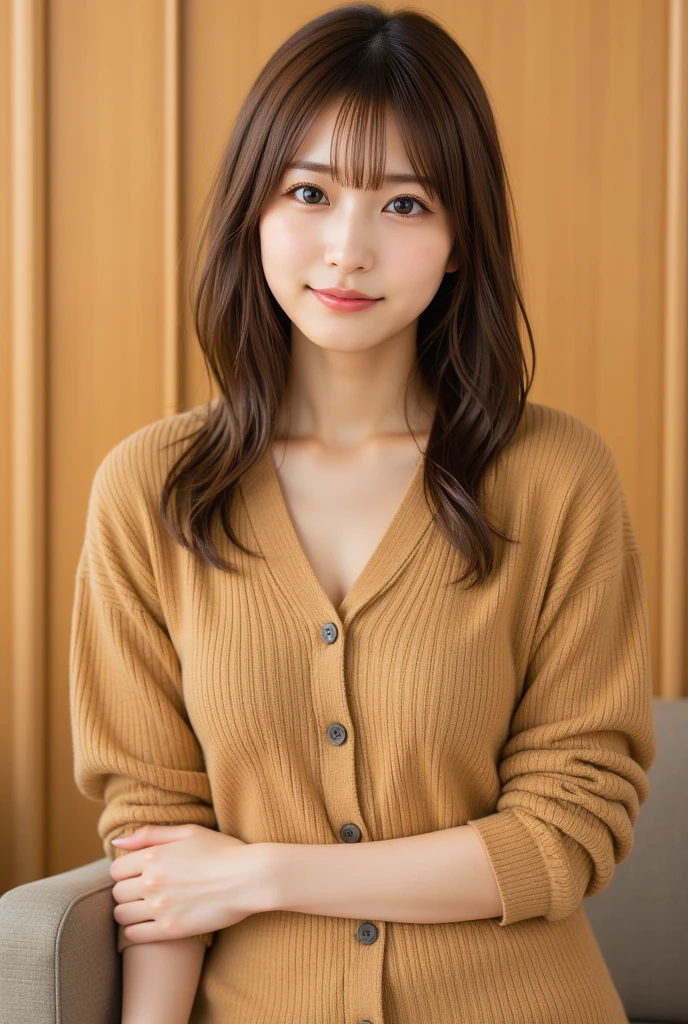 randome pose、top-quality、超A high resolution、(Photorealsitic:1.5)、女の子1人、yellow tokkuri sweater、A smile、(Brown hair:1.2)、(huge-breasted:1.2)、Classroom、looking at viewert、a closeup、full body Esbian、Nasty eyes