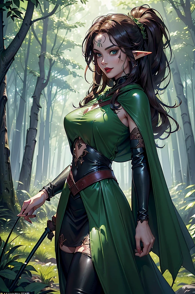 (masterpiece, top quality, best quality, official art, beautiful and aesthetic:1.2), (1girl:1.3), dark brown hair in a single braid, extremely detailed, portrait, looking at viewer, solo, (full body:0.6), detailed background, close up, cat eyes, (warm summer forest theme:1.1), busty (elf) ranger, elegant face, long face, charlatan, smirk, mysterious, walking in forest, revealing ranger attire, brown leather, cowl, cloak, corset, long boots, buckles, straps, pouches, bow and arrow, green fabric, brown leather, ((gigantic breasts, skindentation, cleavage)), slim waist, slim hips, long legs, medieval (forest exterior:1.1) background, dark mysterious lighting, shadows, magical atmosphere, dutch angle