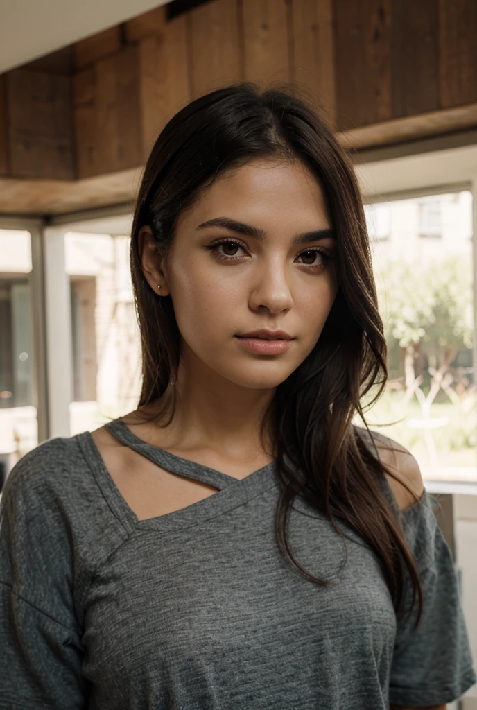 1 woman like girl next door, with black hair, wearing a luxurious black sweater and black leather leggings, 23 years old, Mix out of 10% Emma Watson and 15% Scarlet Johansson and 20% Rihanna, 172cm height, 62kg weight, perfectly shaped natural soft curly intense black hair, clear intense light green eyes, long dark black lashes, perfectly shaped dark black eyebrows, dark-caramel-tanned skin, slim and well-defined body, trained curvy body, elegant nose, small ears, full lips, white teeth, small soft ladylike hands, painted fingernails, perfectly styled, soft makeup, high resolution, masterpiece, best quality, intricate high detail, highly detailed, sharp focus, detailed skin, realistic skin texture, real skin texture, detailed eyes, professional, real life, ultra-realistic, photorealism, photography, realistic photography, UHD, Foto RAW