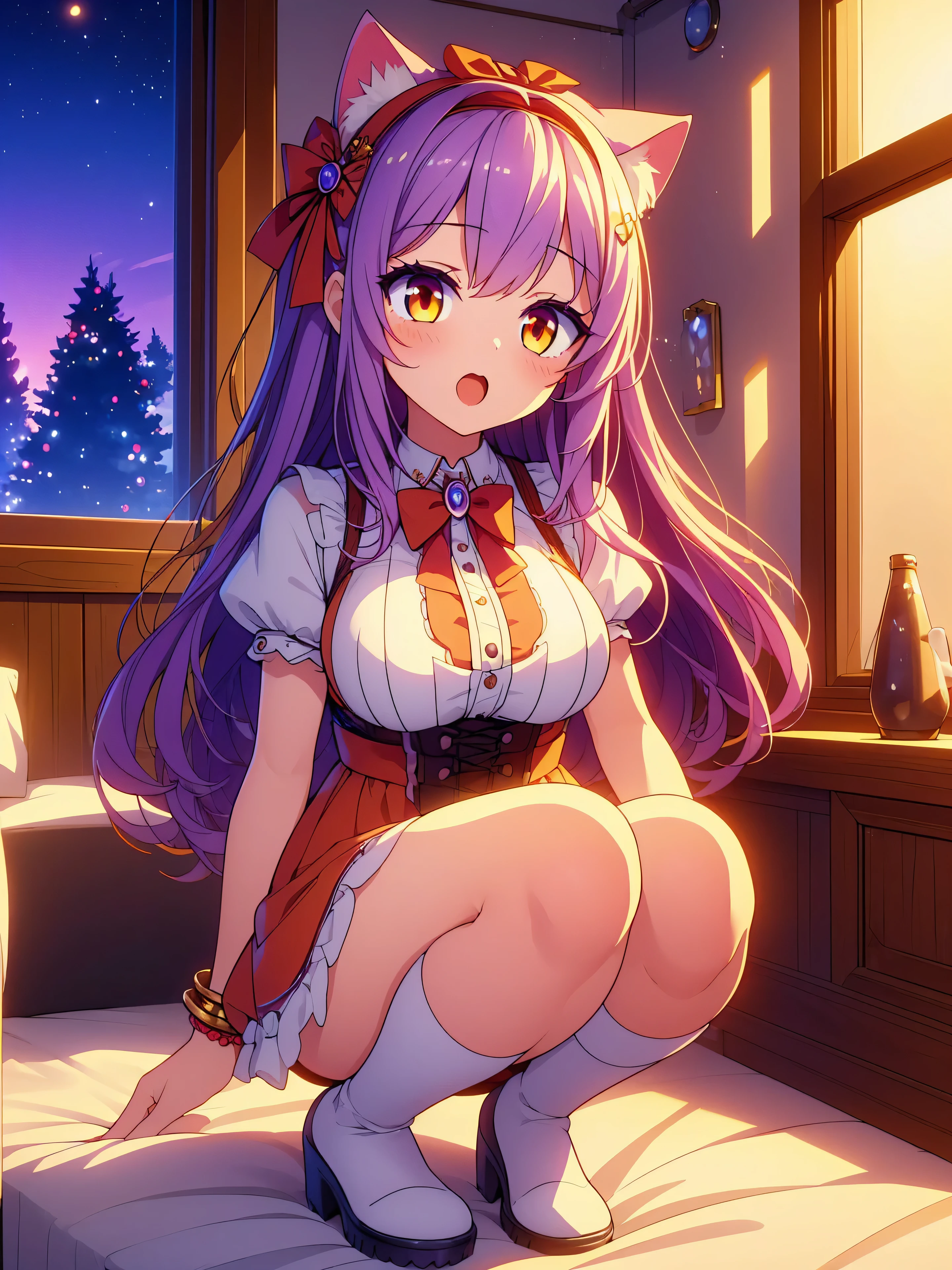 Highly detailed, high quality, masterpiece, beautiful, (all photo shooting), girl student, perfect eyes, orange eyes, light eyes, blushing face, happy face, cat girl, squatting, big thighs, medium breast, short stature, long hair, lilac hair, with bracelet on hand, bow in hair, headband, with cat ears, with red short maid outfit, with panties stuck between vagina, shows full panties, sexy, background image on a bed at night