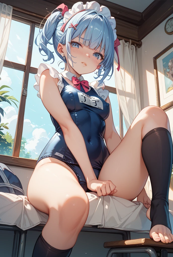 Rei Ayanami, (Futanari, Big penis, Penis through a swimsuit), Flight jacket, test plugsuit, Sit at a desk, Highlight the penis, Wide legged, classroom