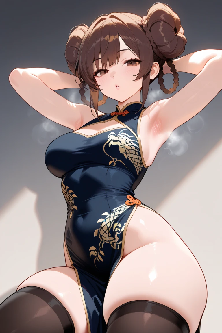 score_9, score_8_up, score_7_up, rating_explicit, 1girl, solo, honoka mitsui, mahouka koukou no rettousei, mitsui honoka, purple eyes, brown hair, medium hair, twintails, low twintails, large breasts, white china dress, chinese clothes, black dress, print dress, cherry blossom print, cleavage cutout, clothing cutout, covered navel, bare arms, sleeveless, sleeveless dress, short dress, side slit, pelvic curtain, bare legs, cleavage, lying, on back, looking at viewer, simple background, white background, blush, smile, closed mouth