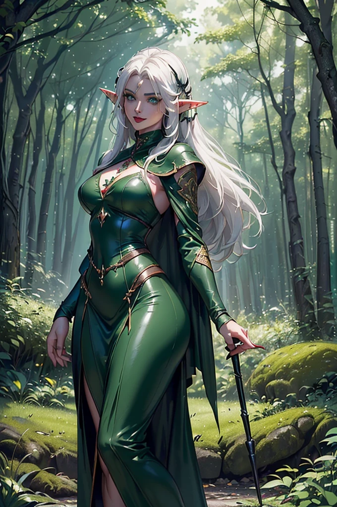 (((Masterpiece, best quality, high detailed, 8k))) Design a layout showcase Gaming character, (1girl). Light pink hair, green eyes, wearing a futuristic armor, wielding an empowering spear. (masterpiece:1.2), (best quality), ultra-detailed. (Step by step design, layout art:1.5), (luminous lighting, atmospheric lighting). Majestic elf in a magnificent forest with beautiful lighting. ((glove full hands)), intricate vambraces, high-tech legwear, (((full_body_shot:1.4))). The elf stands gracefully amidst ancient, towering trees, their leaves shimmering with a magical glow. The futuristic armor, a blend of sleek metal and glowing energy lines, contrasts beautifully with the natural surroundings. Her light pink hair flows softly around her, framing her elegant face with piercing green eyes that radiate wisdom and strength. The empowering spear she holds is adorned with mystical runes and a radiant crystal at its tip, pulsing with an ethereal light. She exudes an aura of power and serenity, perfectly harmonized with the enchanting beauty of the forest around her. Art style inspired by Artgerm, Kawacy, and Wadim Kashin.