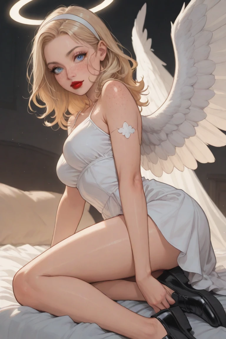masterpiece, highest quality, Very detailed, 16k, Ultra-high resolution, Cowboy Shot, 6-year-old girl, Detailed face, Perfect Fingers, Angel halo on head, Golden Eyes, blonde, short hair, Thin and light clothing, Angel wings growing on your back, Thin camisole, White lace panties, Above the Clouds, temple, bed, Lying on your back
