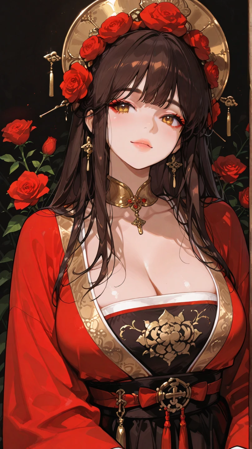 perfect anatomy, masterpiece:1.4, best quality, 8k, beautiful detailed grow, daydreaming expression, (nobles Style) (in The nobles' dinner party), break, (in a red immensely beautiful red Queen's Dress, solo straight black hair long hair beautiful femdom girl, 18 yo, detailed cute red eyes), (make-up face), bigboobs.