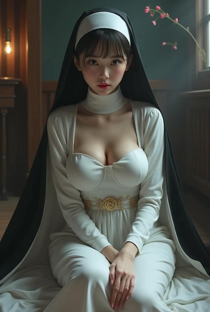 nerd girl、Photorealism:1.2, Nuns of the Church, slim, Silky Hair, Open the chest, Black Dress, Beautiful small breasts、Cleavage:1.2、Droopy eyes:1.4、Big round eyes、Very thin thighs、Very long legs、Bobcut