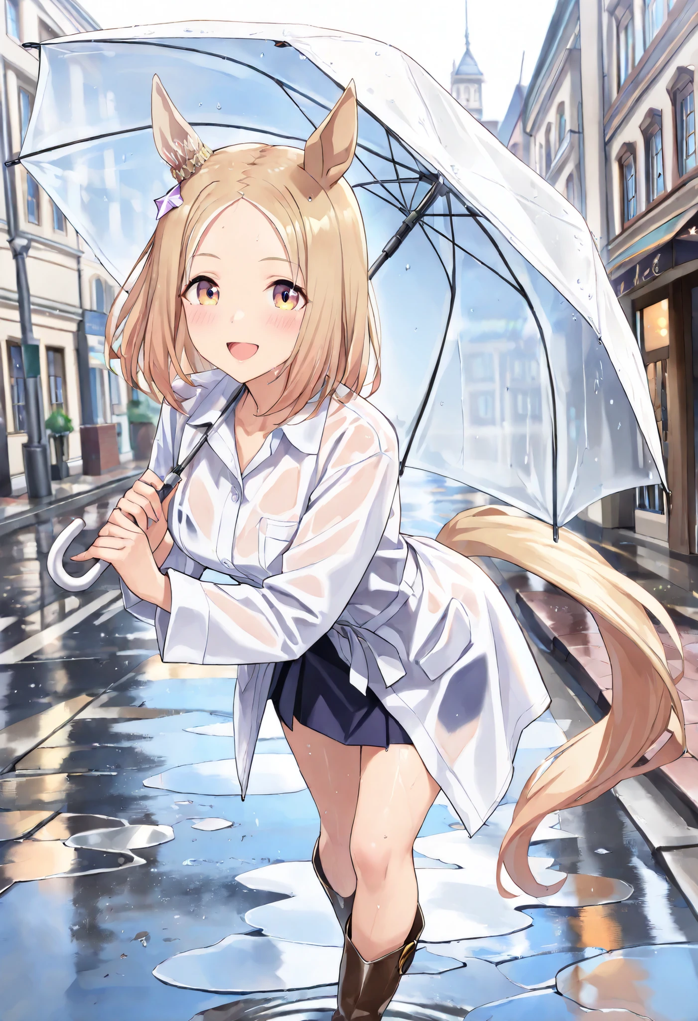 (masterpiece, best quality, perfect face:1.4), wide angle, narita top road \(umamusume\), horse ears, ear ornament, horse tail, tail on the lower back, proportional body, proportional,1 girl, beautiful hair, beautiful face, beautiful detailed eyes, beautiful clavicle, beautiful body, beautiful chest, beautiful thigh, beautiful legs, beautiful fingers, looking at viewer, BREAK, wear a white shirt, long rain coat, skirt, long boots, street corner, Rainy night, Chic cityscape, Stone Building, wet road, puddle, hold an umbrella, BREAK, blush happy smile (open mouth), textured skin, realistic skin, HDR, BREAK, good hands,