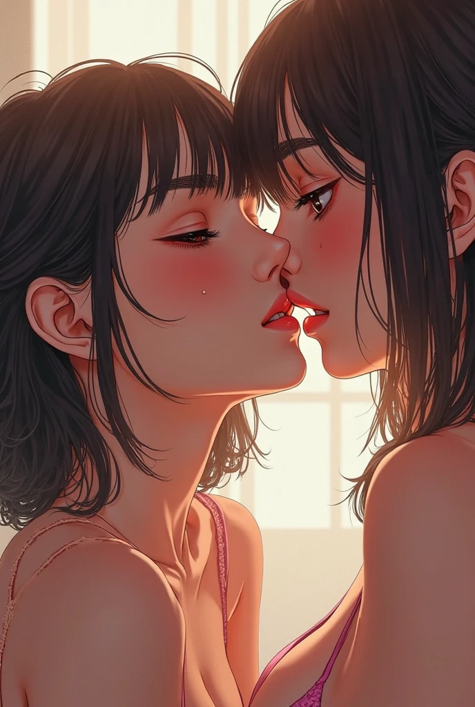 two women are kissing each other while sitting on a bench, lesbian kiss, lesbians, lesbian embrace, lesbian, kissing each other, kiss mouth to mouth, kissing, kissing together cutely, two women kissing at a carnival, portrait of two girls kissing, kiss, kissing together, high quality film still, lesbian art, making out