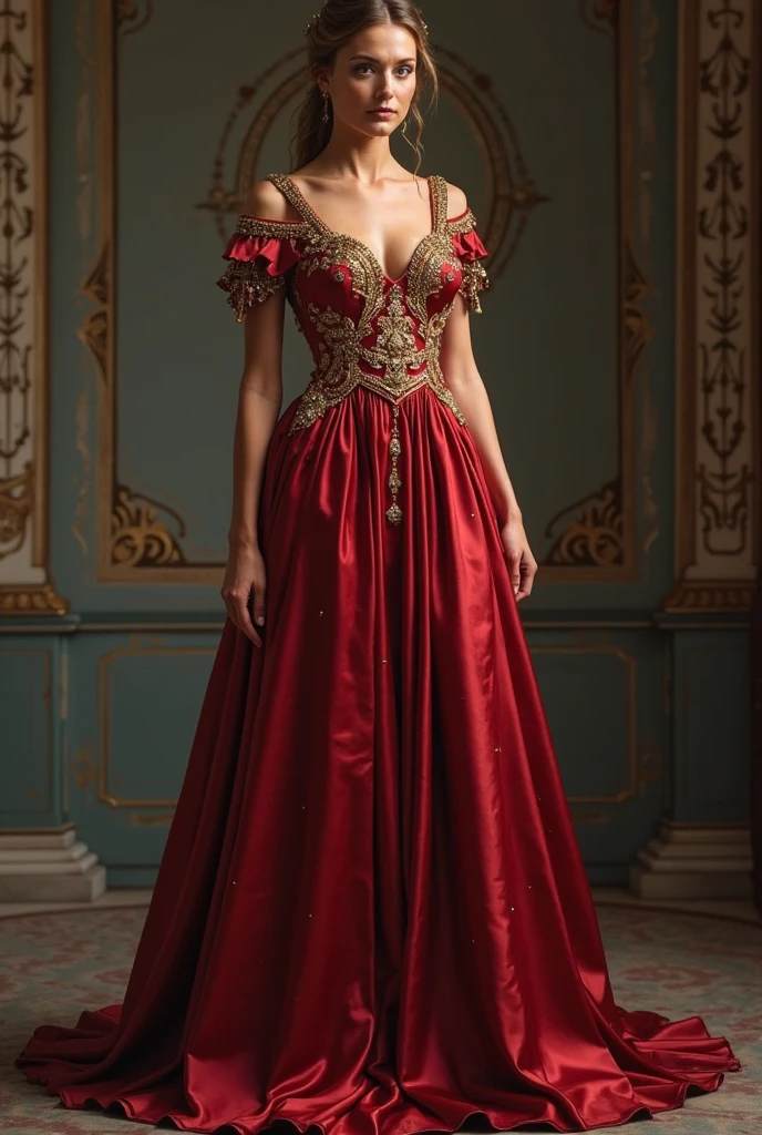 A full-body portrait of Lady Selene Ashford, one of Lady Seraphina d’Aurelis' most trusted ladies-in-waiting. Selene is depicted in a seductive yet tasteful gown that accentuates her beauty and allure. The gown is luxurious, with rich fabrics in shades of red and gold, tailored to emphasize her figure while maintaining elegance. Her golden hair flows in soft waves around her shoulders, and her sapphire-blue eyes sparkle with a blend of charm and subtle danger. Selene stands with a confident, flirtatious posture, exuding both grace and power. The background is softly lit, perhaps an opulent chamber with rich drapes and faint candlelight, reflecting her role as the seductive manipulator within Seraphina’s inner circle. The art style is realistic, capturing the intricate details of her attire and the magnetic allure of Lady Selene Ashford.