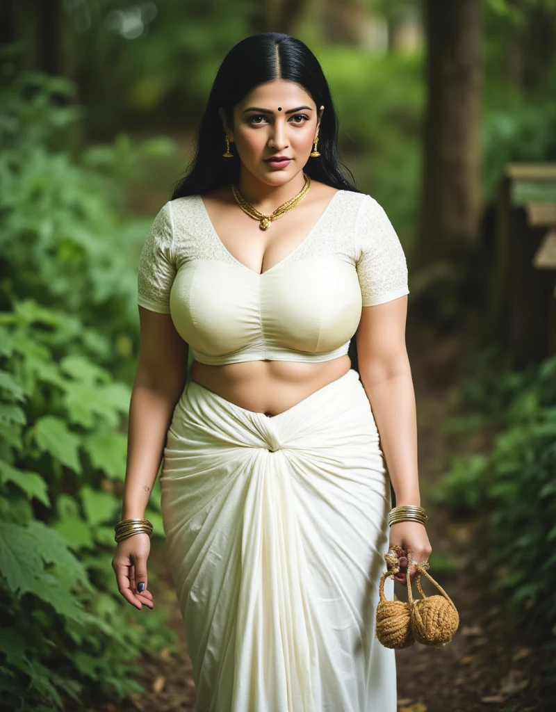 daytime view, close up shot of indian from top view, wearing white saree, walking in forest, looking to camera, big and curvy cheeks, hourglass figure, sexy navel, swooping breasts, ponytail, necklace, (cinematic:1.3), intricate details , (ArtStation:1.2)rendom nudity