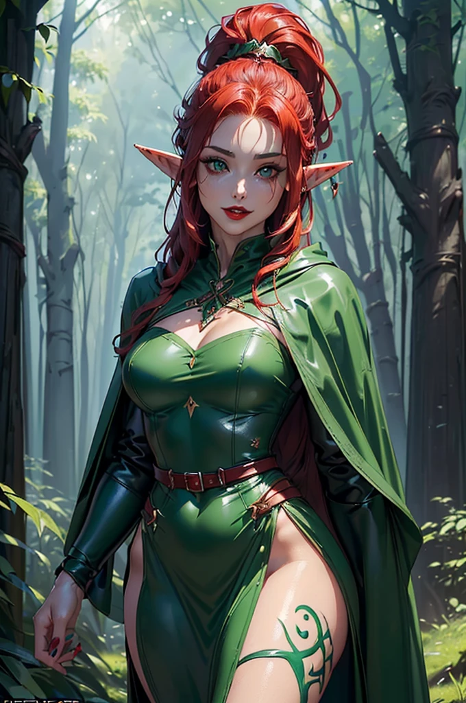 Close-up de uma elfa de 18 anos, painted in arcane style and with an aesthetic inspired by Demon Slayer + She is a beautiful woman with flowing red hair, wearing a light medieval-style garment + The portrait captures her beautiful and sweet appearance + with snow covered trees in the background + The style is inspired by Kris from Deltarune + It features a character art of D&d + They have green eyes and delicate, pointed ears + Directed by Tyler Jacobson, with vibrant colors and a snowy background