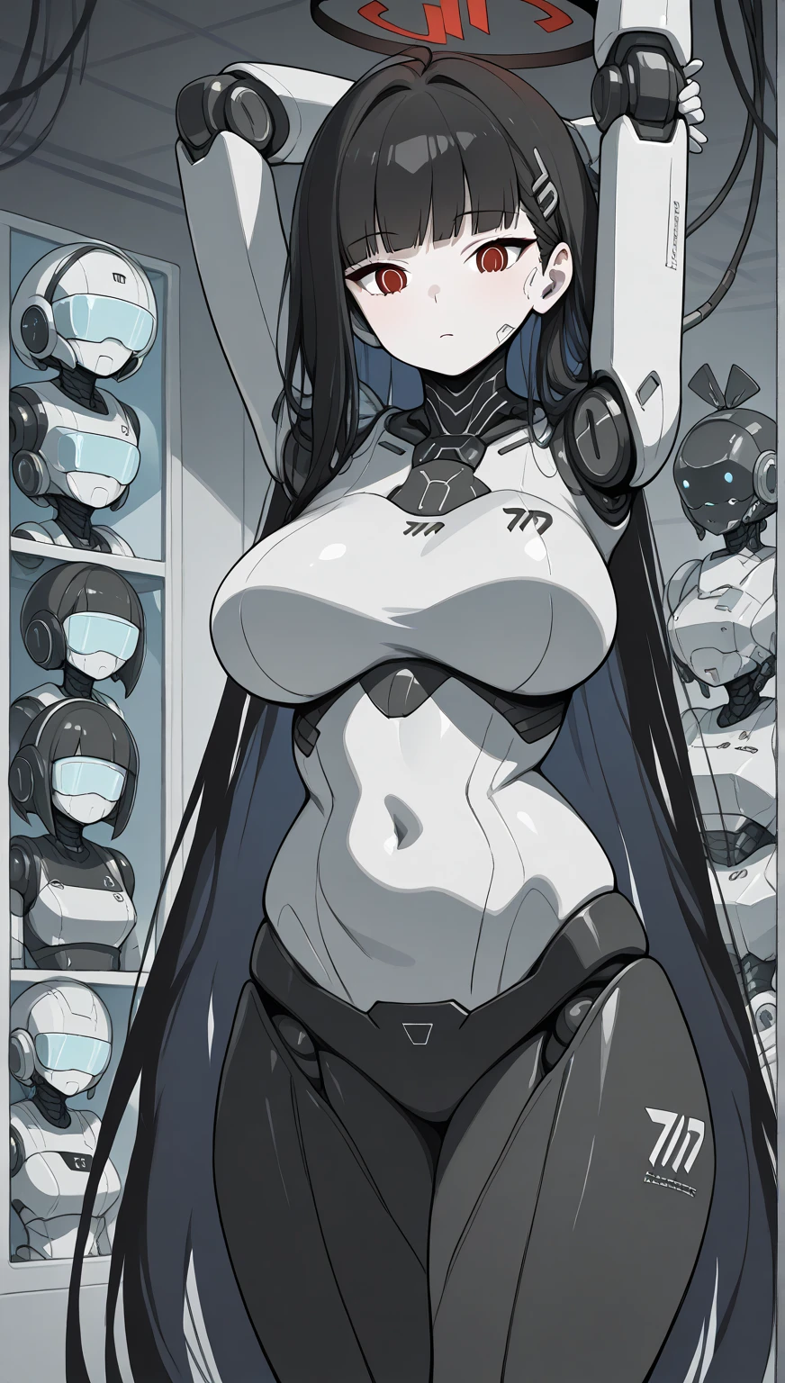 Realistic、1girl、black hair、(twintails),red eyes、(glowing eyes:1.3)、open stance,(middle hair),(eye focus:1.3,cowboy shot),(gradient eyes:1.3),(enamel body suit:1.3
)、(clear face:1.3),cute face、,(tareme:1.3),(gigantic breasts),(dark color background:1.5)