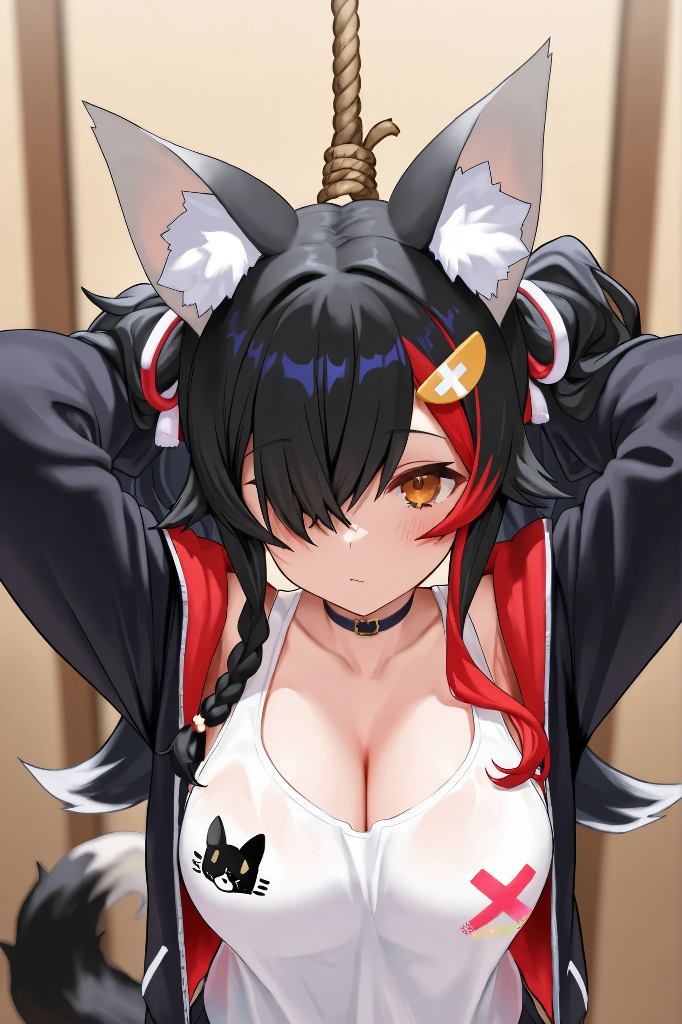 1 girl、alone , greenish black hair、ponytail、big cleavage、fox ears、red eyes、wear glasses、Dark purple kimono、red webbed、light purple long hakama、Haori、leather boots、that's why、headphones、Japanese umbrella、sexy、charm、Wet、face turns red、far shot , full body 、within the territory