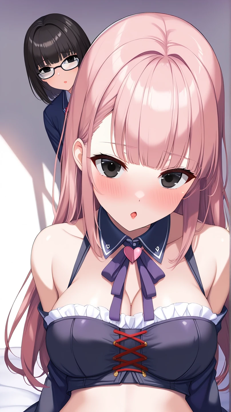 (dynamic angle),in the poolside, pale Light orange Hair, long hair, twintails, hair black ribbon, girl1, upper body, completely nude, (small nipples:1.2), (small areolas:1.2), kawaii, cute, pale purple eyes, (shy), (blush),light smile