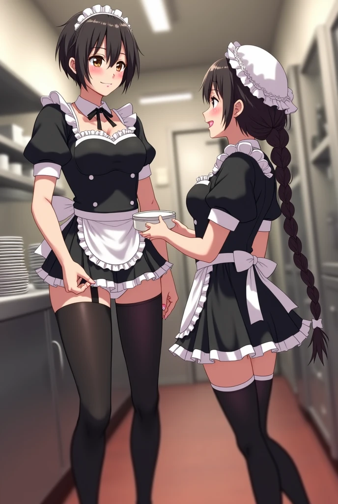 ((2 girls))、((smile))、blush、black shirt、blouse、((fun))、(small breasts)、Chirarism、black hair、(single braid)、((white apron:1.5))、((maid))、((hair ornaments)), thighs, 壊す in house, ((in house:1.5))、 BREAK looking at viewer、torn skirt,(grab the skirt:1.0)、 (perfect hands, perfect anatomy),cowboy shot、((shaved pussy:1.5))、(skirt that rolls up:1.3)、(Highly detailed labia fully exposed:1.5)、(Photo seen from below:1.3)、skirtlift
