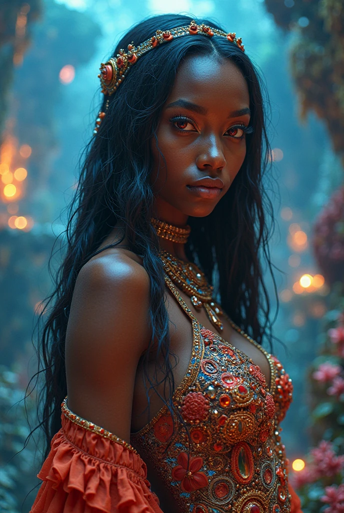  picture of an exquisite beautiful African female vampire standing under the starry night sky at the base of the waterfall, dynamic angle (ultra detailed, Masterpiece, best quality), ultra feminine, (black skin: 1.3), dynamic hair color, wavy hair, dynamic eyes color, cold eyes, (glowing red eyes: 1.3), intense eyes, dark red lips, wearing dynamic color dress dress (ultra detailed, Masterpiece, best quality), wearing blue cloak (ultra detailed, Masterpiece, best quality), long cloak, flowing cloak (ultra detailed, Masterpiece, best quality), wearing high heeled boots, water coming down from a mountain, multi level water falls, several pools created in different levels, forming new waterfalls, water cascading into a pool steam rising, clear water in many hues of blue and azure falling, ultra best realistic, best details, best quality, 16k, [ultra detailed], masterpiece, best quality, (extremely detailed), ultra wide shot, photorealism, depth of field, hyper realistic painting, sky full of stars background, moon, bats flying about, high details, best quality, 8k, [ultra detailed], masterpiece, best quality, (ultra detailed), full body, ultra wide shot, photorealism, dark fantasy art, dark fantasy art, gothic art, many stars, dark fantasy art, gothic art, sense of dread, Intense gaze, Mj Osea Style