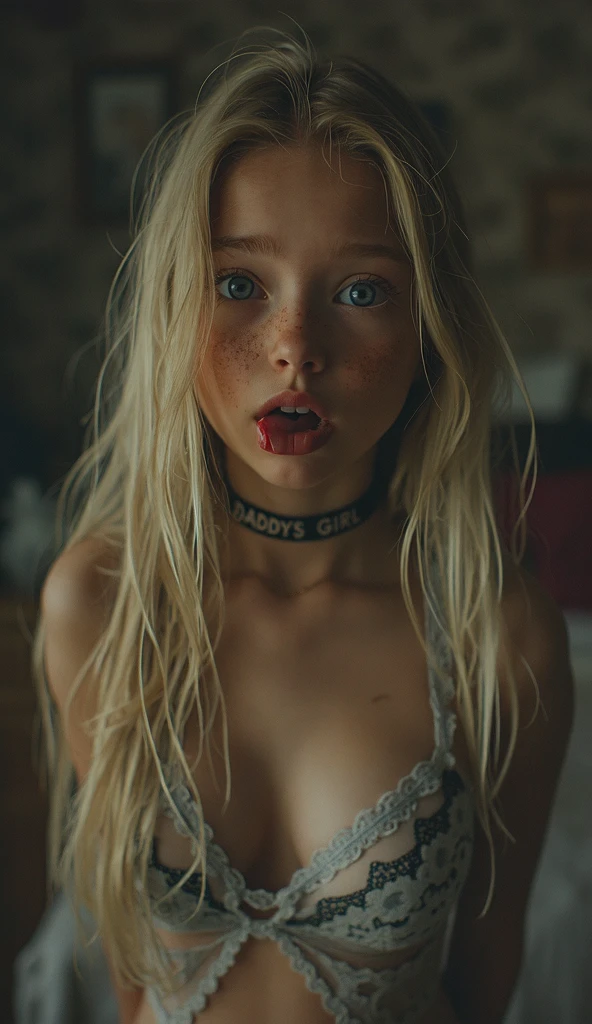 beautiful sexy little tween russian school girl, thin, long blonde hair, blue eyes, nice bottom, nice bottom, big red lips, dressed like a whore, tiny short blue plaid skirt, wearing only lingerie, scared, nice legs, nice bottom, standing on living room, ultra realistic, wearing glasses, wearing cropped top, fit, pony tail, ful body image, awesome fit body, cum all over her face, bukakke, facialized, semen on her, cumshot, cum shot, mouth open, semen on mouth, liquid white semen dripping from her mouth