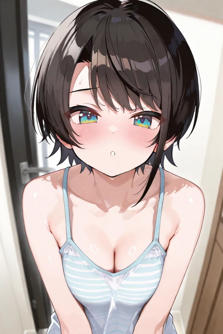 (best quality), (Super detailed), (Best Illustration), (masterpiece), score_9, score_8_up, score_7_up, (4k), nsfw, (1woman), (full nude), (large breasts), {brown hair, (sideburns), (bob cut:1.3), curly hair, hairs between eyes, colored inner hair}, {(detailed eyes), heart-shaped pupils, blue eyes}, parted lips, nose blush, earring, sweat,