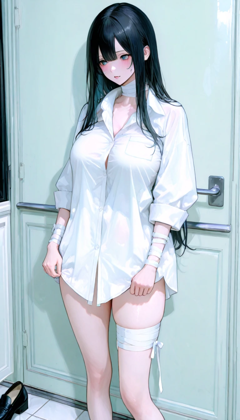 yorbriar, yor briar, black hair, (red eyes:1.5), earrings, gold hairband, hairband, long hair, sidelocks, (medium breasts:1.2), BREAK bare shoulders, collarbone,bathrobe,wet bathrobe,transparent bathrobe, thighs,stockings, stocking suspenders, BREAK outdoors,room,night, soft lights, BREAK looking at viewer, BREAK (masterpiece:1.2), best quality, high resolution, unity 8k wallpaper, (illustration:0.8), (beautiful detailed eyes:1.6), extremely detailed face, perfect lighting, extremely detailed CG, (perfect hands, perfect anatomy),full body shot,standing in room, from behind, back view, bend over.