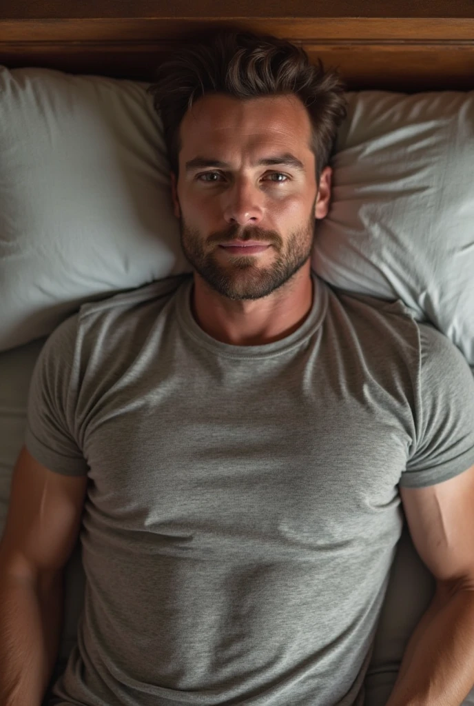 white male, 30 years old with some body hair, wearing no shirt, little fat belly, wearing shorts, dimly lit room lying on messy bed with mirrored clothes, Selfie