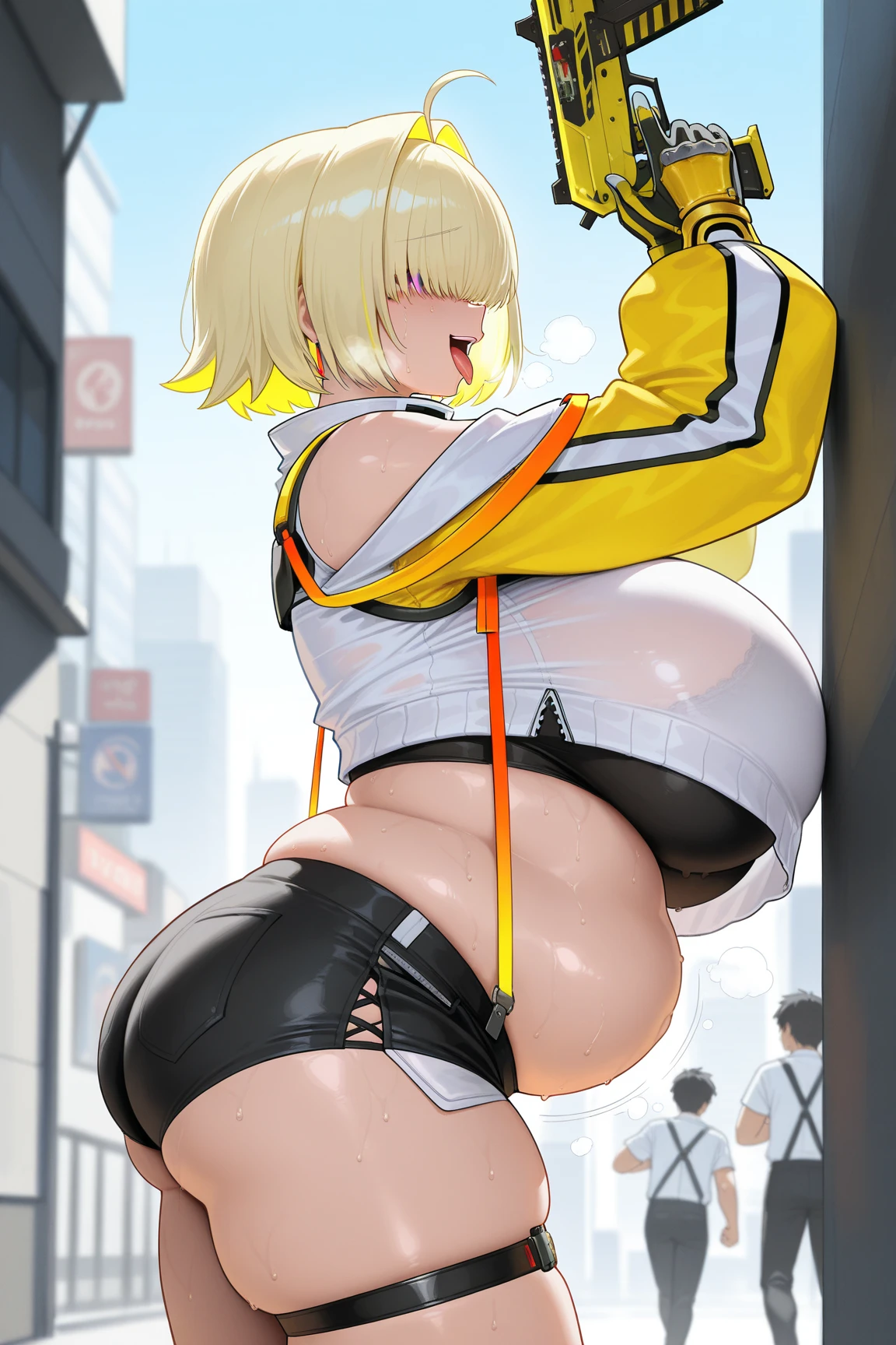 Yellow hair color,side part short hair,light brown eyes,chubbily ,huge breasts,whipped thighs,Clothing that emphasizes the breasts,cat mouth,smile,Open mouth,open eye,double tooth,Taken from the viewpoint above, looking at viewer,upturned eyes,Street Background,SFW,perfect,high quality,faultless,