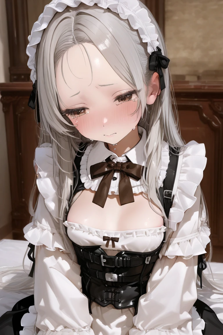 best quality, 1girl, radiyu, white hair, yellow eyes, floppy rabbit ears, nsfw, maid uniform, clear eyes, breasts out, upper body