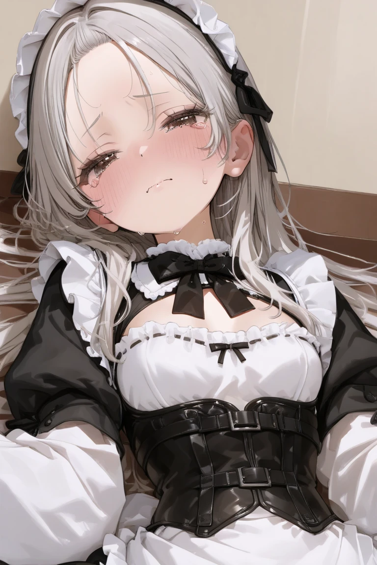 Shiny blond hair, very long hair, sophisticated haircut, ((totally braided hair)), thin and oval face, embarrassed, submissive, (((gagged))), nervous smile, ((((very cute maid girl)))), ((((very cute black maid dress)))), cute and blushing 18 years old anime girl, look away because she is embarrassed and blushes, bright blue eyes, detailed face, detailed members, detailed arms, detailed hands, ((((sparkling diamond jewelry)))), tiara, ((makeup)), high heels, puffy sleeves, long gloves, long eyelashes, maid costume, maid dress, maid girl, Girl lying, tied by ropes, shackled, can no longer move, tied tightly, very hard tied up with lots of ropes, hampered by so many ropes that she can no longer move, bound hands and feet, ropes tie his whole body, tied extremely tightly and forcefully to her bed by a lot of ropes, its limbs are strongly tied together by ropes, his torso is tied up with thick cords, her chest is so tied up with ropes that it sticks out, her legs are tied tightly with thick ropes, his hands are tied behind his back with ropes, she can no longer move her feet, her hands which are tied by thick ropes, she desperately tries to free herself, likes to be tied tight with big ropes, likes to be immobilized by big ropes, lying down, his hands and feet are strongly tied to the railing of his bed, his legs are pressed together and tied with ropes, its limbs are held vigorously by imposing ropes, her hands are tied securely behind her back by ropes, her chest is compressed by strong ropes, she is pressed against her bed and restrained by large ropes (shibari, arms behind the back:1.4), (hands on the back), (masterpiece, best quality) 1.5, 1girl, solo, (sexy, beautiful woman, perfect face, perfect eyes, perfect hands), samus aran, (shibari, arms behind the back:1.4), (hands on the back), Spread the legs, s' ((lie in bed by big ropes)), ((((fait l'amour avec un homme blond))))