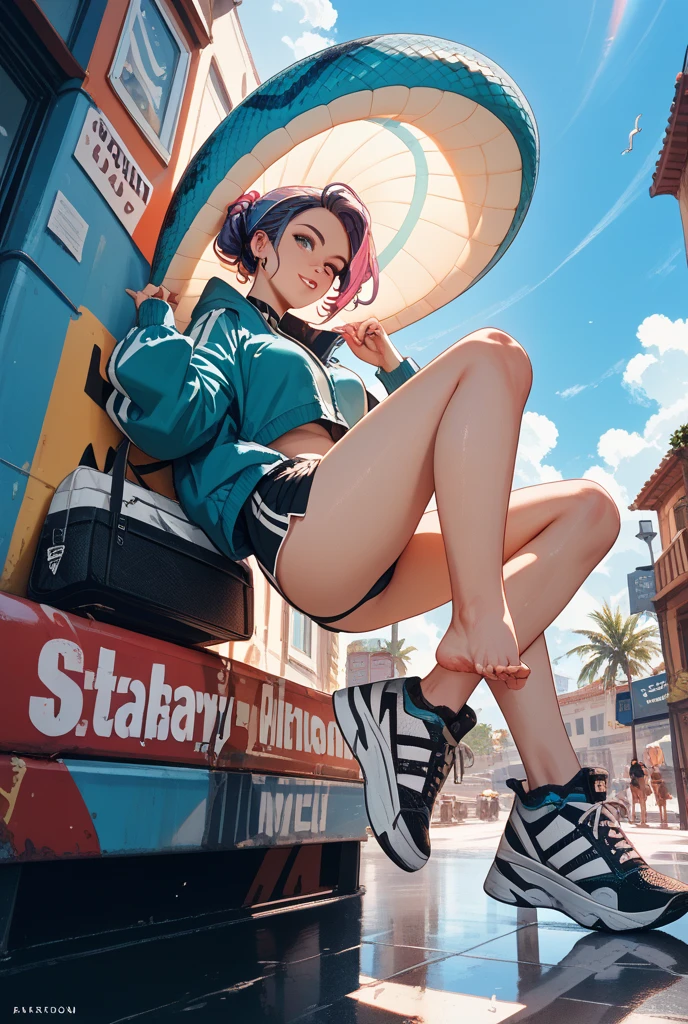 tmasterpiece, Best quality, (Very detailed CG unified 8k wallpaper) (Best quality), (Best Best Illustration), The best shadow, (A girl who skateboards: 1.3), 13 year old, Cute big breasts, Chevoglis Court, Hooded, Sweet cool, Shiny details for the eyes, (Colorful flight suits), Fashion shorts, (Color skateboard: 1.1), Pink, Yellow, blue, the street, Rochas, (Best quality, Stunningly detailed: 1.25), (Alone), Brilliant and colorful paintings