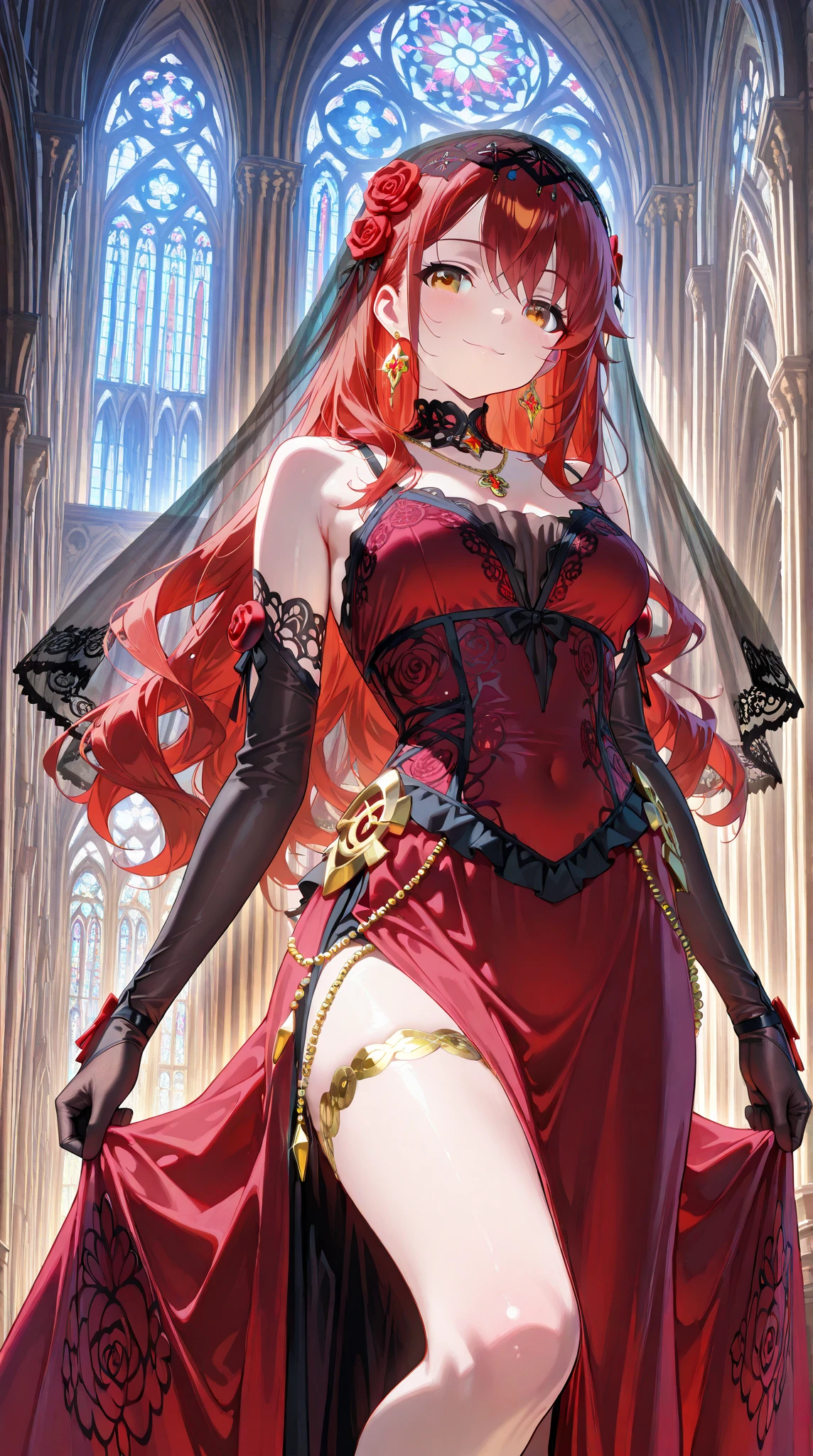 Long red dress，Indifferent eyes，Wrap a bandage on the upper right，A skeleton pendant hangs from his chest，Stepping on mushrooms underfoot