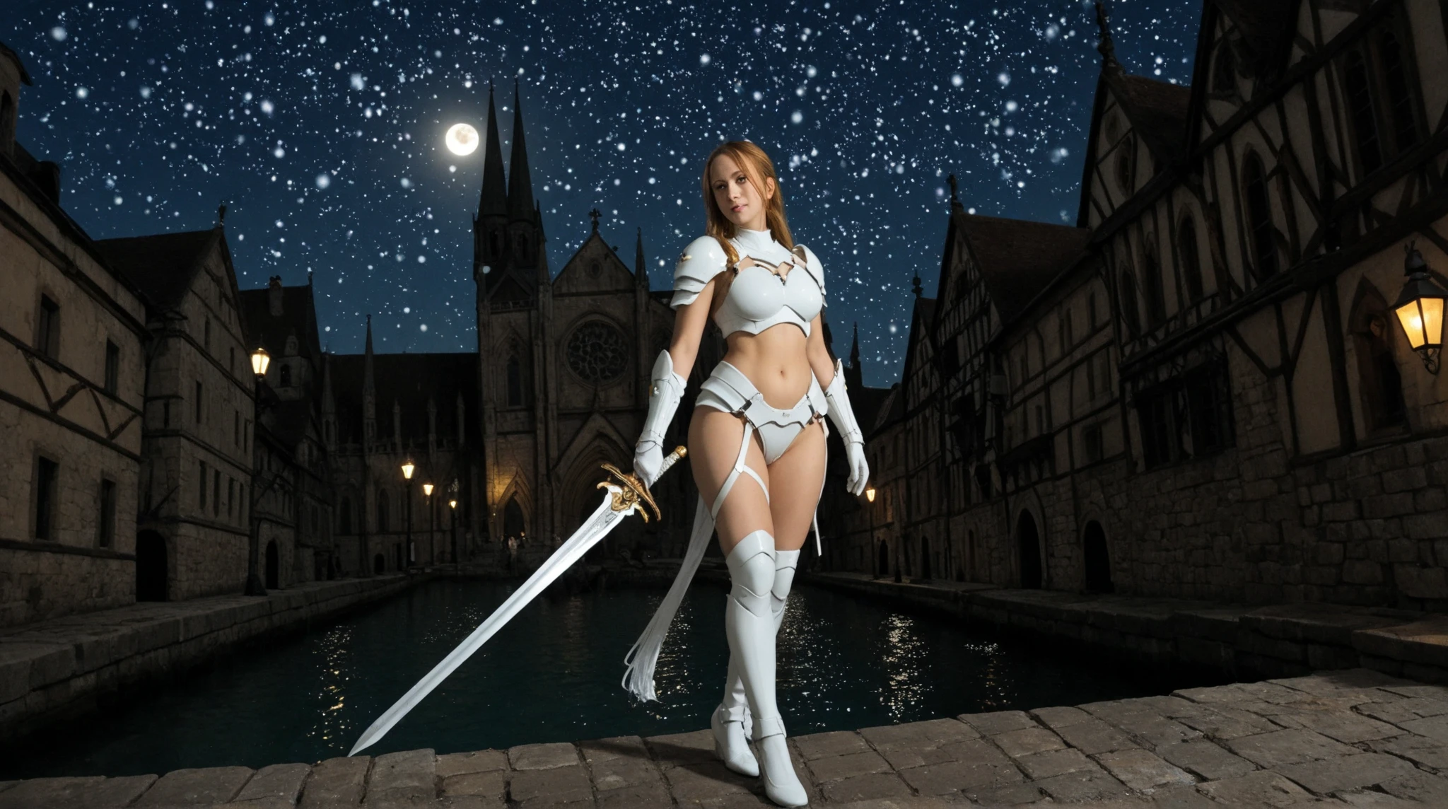 orange color hair，Nice face，blue bikini armor，Heterochromatic pupil，Full body photo，half moon，Firefly forest under the moon