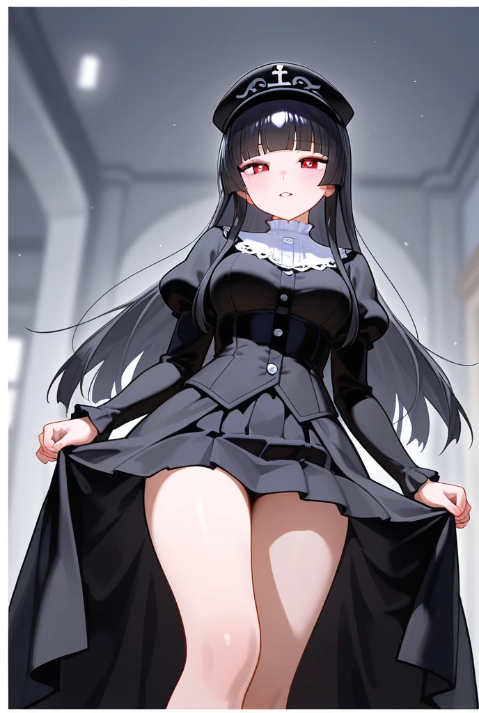 16k, UHD, Anime style girl, long black hair, blue eyes, black maid outfit with very short skirt, stomach exposed, exposed, nipple piercings, kneeling on wood floor, thigh-high socks