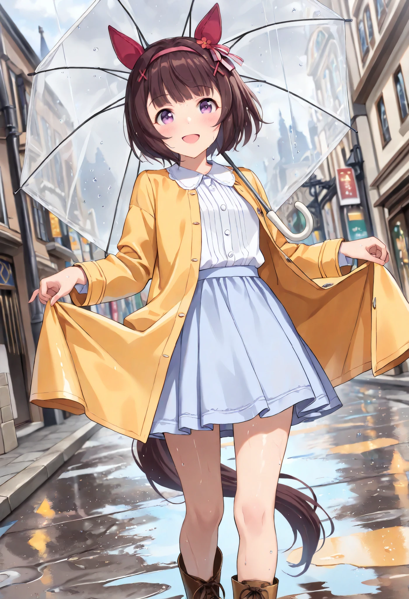 (masterpiece, best quality, perfect face:1.4), wide angle, nishino flower \(umamusume\), 1 girl, horse ears, ear cover, ear ornament, hair ornament, small breasts, horse tail, tail on the lower back, proportional body, proportional,beautiful hair, beautiful face, beautiful detailed eyes, beautiful clavicle, beautiful body, beautiful chest, beautiful thigh, beautiful legs, beautiful fingers, looking at viewer, BREAK, wear a white shirt, yellow long rain coat, skirt, long boots, street corner, Rainy night, Chic cityscape, Stone Building, wet road, puddle, hold an umbrella, BREAK, blush happy smile (open mouth), textured skin, realistic skin, HDR, BREAK, good hands,