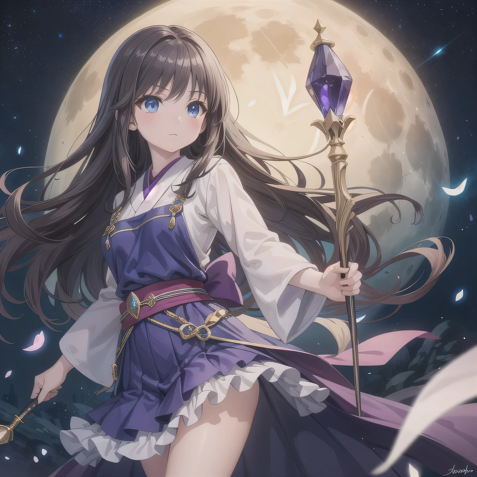 A beautiful, anime-style Japanese magical girl, with long flowing dark hair and deep blue eyes. She wears an elegant, shimmering purple magical outfit with fantasy details, such as frills, ribbons, and glowing accents. She holds a magical staff with a glowing purple gem at the tip. The background features a full moon in a starry night sky, with an owl flying across. Her expression is graceful yet strong, and she radiates a mystical, magical aura. The overall atmosphere should feel enchanting, mysterious, and distinctly magical girl-like, with a touch of elegance and maturity.