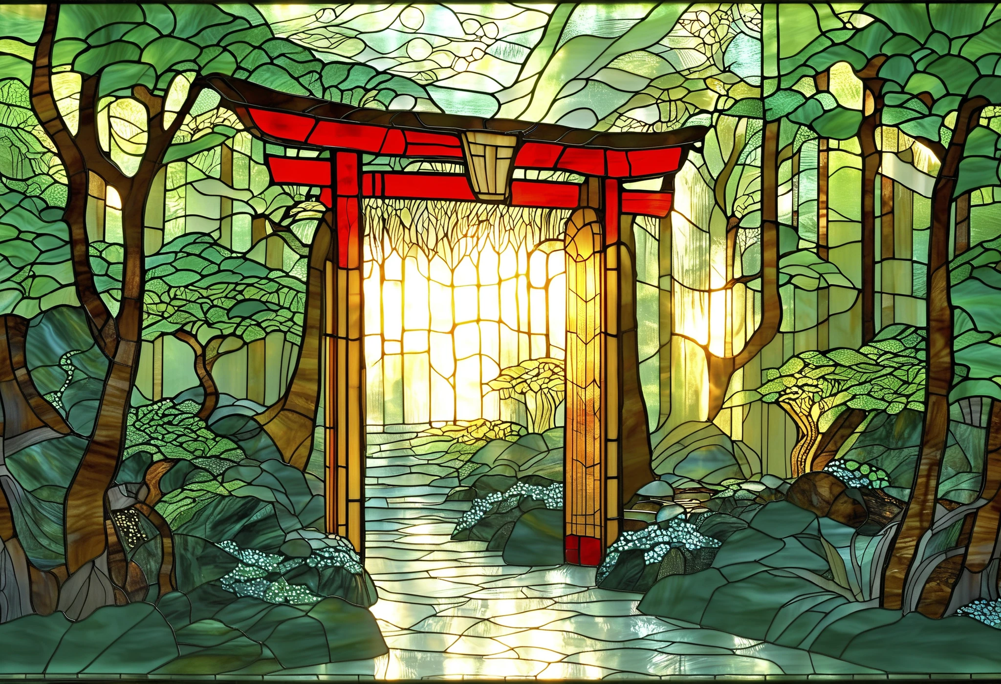 A stained glass artwork depicting red torii gates aligned along a narrow path winding through a lush, verdant forest. The bold crimson gates form a rhythmic series of arches, each rendered with luminous glass panels and elegant black outlines, creating an inviting passage through nature. Each gate stands on sturdy, glass-textured stone bases, showcasing the beauty of traditional Japanese architecture. A wooden plaque with calligraphy, etched in stained glass, hangs from the central beam of the first gate, symbolizing cultural reverence. Tall trees with glass-like emerald leaves tower overhead, their branches forming a glowing canopy that filters sunlight into scattered rays across the path. The forest floor is rich with layered ferns and underbrush, made of intricate green and brown stained glass textures. The winding trail of smooth, dark glass gravel leads the eye deeper into this tranquil and sacred scene, evoking a sense of peace and wonder.