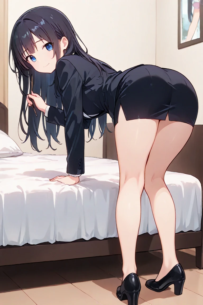 8K Photograph, FULL HDR,1girl, Yukinoshita Yukino, Thicc ass,((LAYING DOWN ON BED SHOWING ASS)), long hair , looking at the camera, wearing tight clothes, smile, black coat