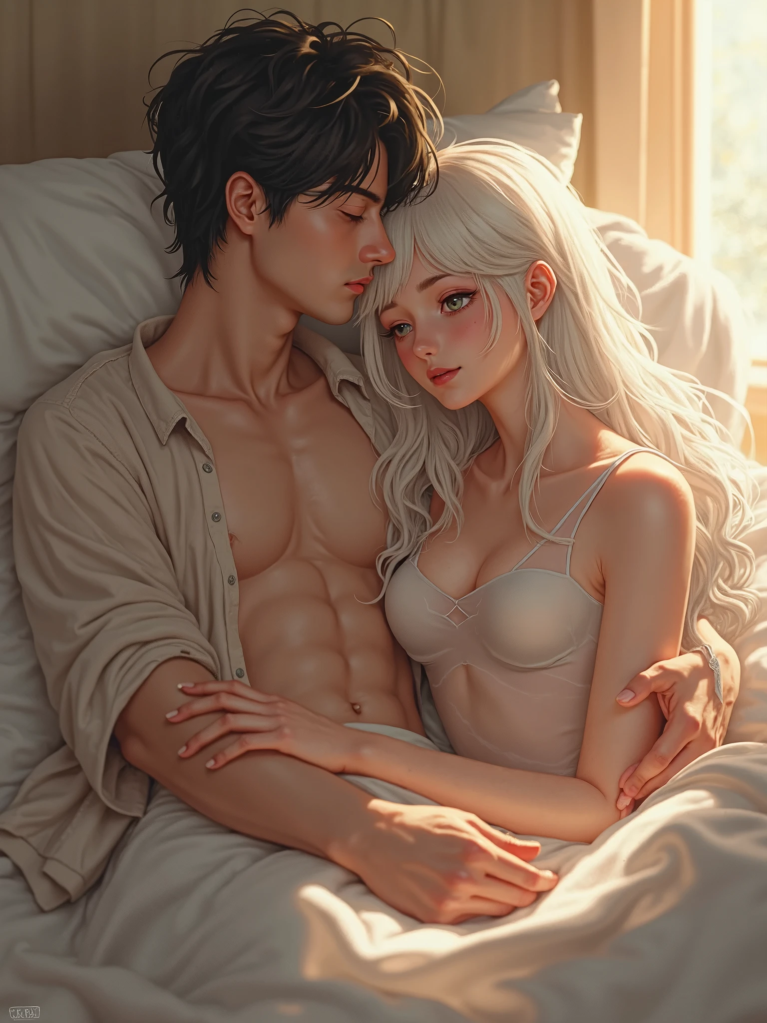 Blonde woman with long wavy hair, slanted red eyes, brown skin, sexy and innocent look, half naked, wearing a Sport bra, nice body with curves, lying on a bed, kissing a man, Tounge kissing, silver hair and straight hairstyle up, boxers, boner, hugging the woman, lying on the same bed, both are sweating, semi-realistic, perspective photography, Full HD