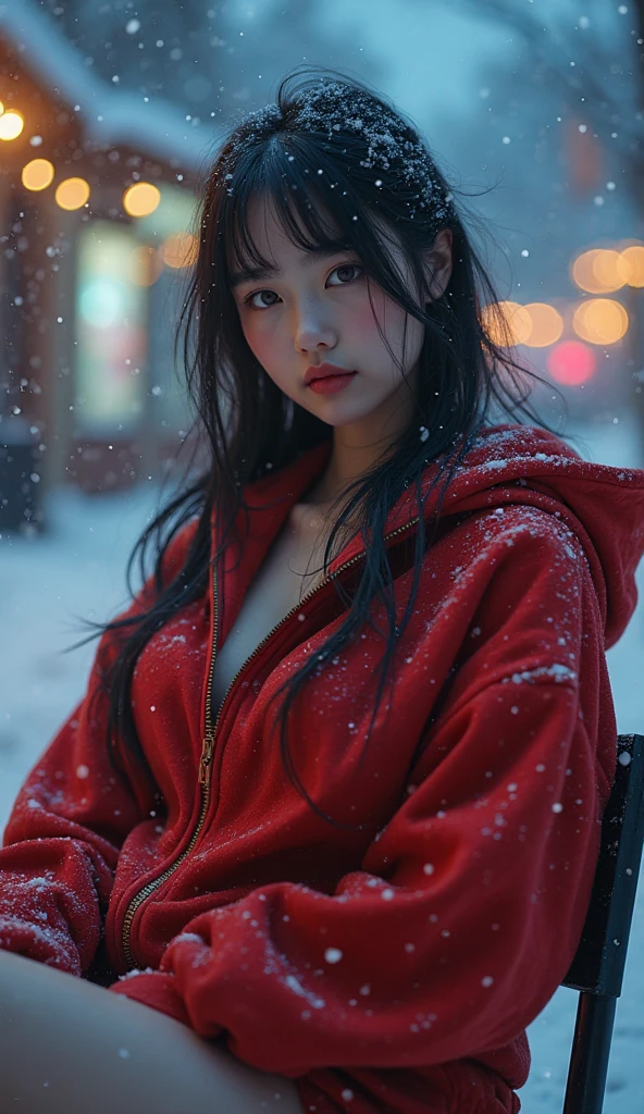 cute 16 year old Chinese woman,wearing a very large tight navy blue shiny puffer coat, thick eyebrows, photorealistic, masterpiece, moncler, fluffy fur hood, , wavy hair, large breasts, red silk bra, open coat, extreme close up, face focus, exceptionally detailed face