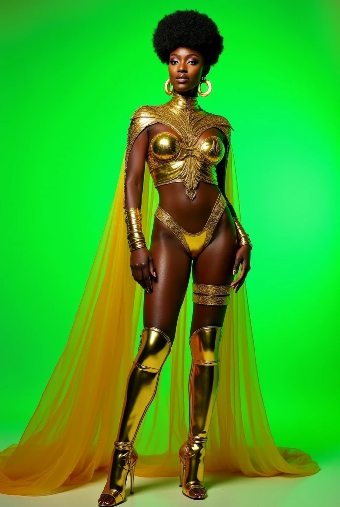 a woman in a gold suit and hat poses for a photo, epic 3d oshun, dark skin female goddess of love, a beautiful fantasy empress, beautiful goddess, goddess queen, ((a beautiful fantasy empress)), stunning african princess, giant stunning goddess shot, goddess. extremely high detail, extremely detailed goddess shot, Persian queen, golden goddess