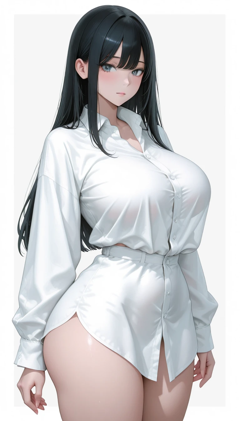 \(8k, best quality, masterpiece:1.2\), \(realistic, photo-realistic:1.37\),\(ulzzang-6500-v1.1\), \(detailed eyes\), \(detailed facial features\), \(\(detailed clothes features\)\), (face focus:1.3),posing,full body,huge breasts, cleavage,
1girl, hat, long hair, solo, hair over one eye, open mouth, shirt, looking at viewer, hand on hip, white skin, baseball cap, colored skin, collarbone, collared shirt, navel, bangs, indoors, sidelocks, grey eyes, thighs, employee uniform, open clothes, cowboy shot, sleeves rolled up, white hair,very long hair,patreon username,skirt,<lora:whiteBloodCellHataraku_v10:0.7> wbc