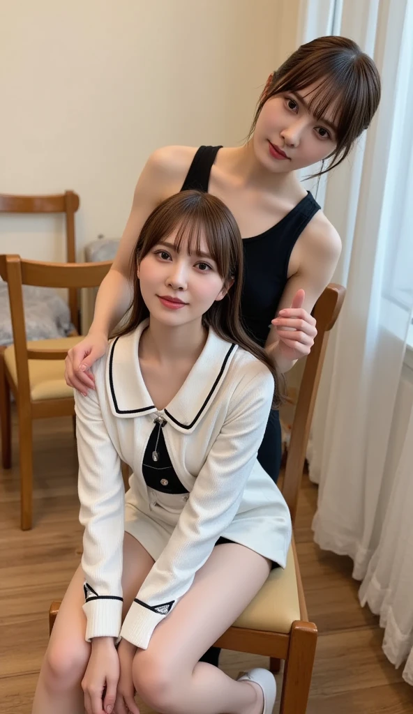 Highest quality、Ultra-high resolution、Professional Lighting、Detailed Background、hotel room、full body,Kobeni-chan、crying a little、25-year-old woman、beautiful girl、(Kobeni-chan、Jet black hair, Black Hair, bangs, One-sided hair,)、(Red Hair Clip:1.1)、(White shirt:1.2)+(Black tie:1.2)+(black long pants for work:1.2)、(Huge breasts that look like they might burst:1.2)、(Big thighs:1.1)、Are standing、Model pose