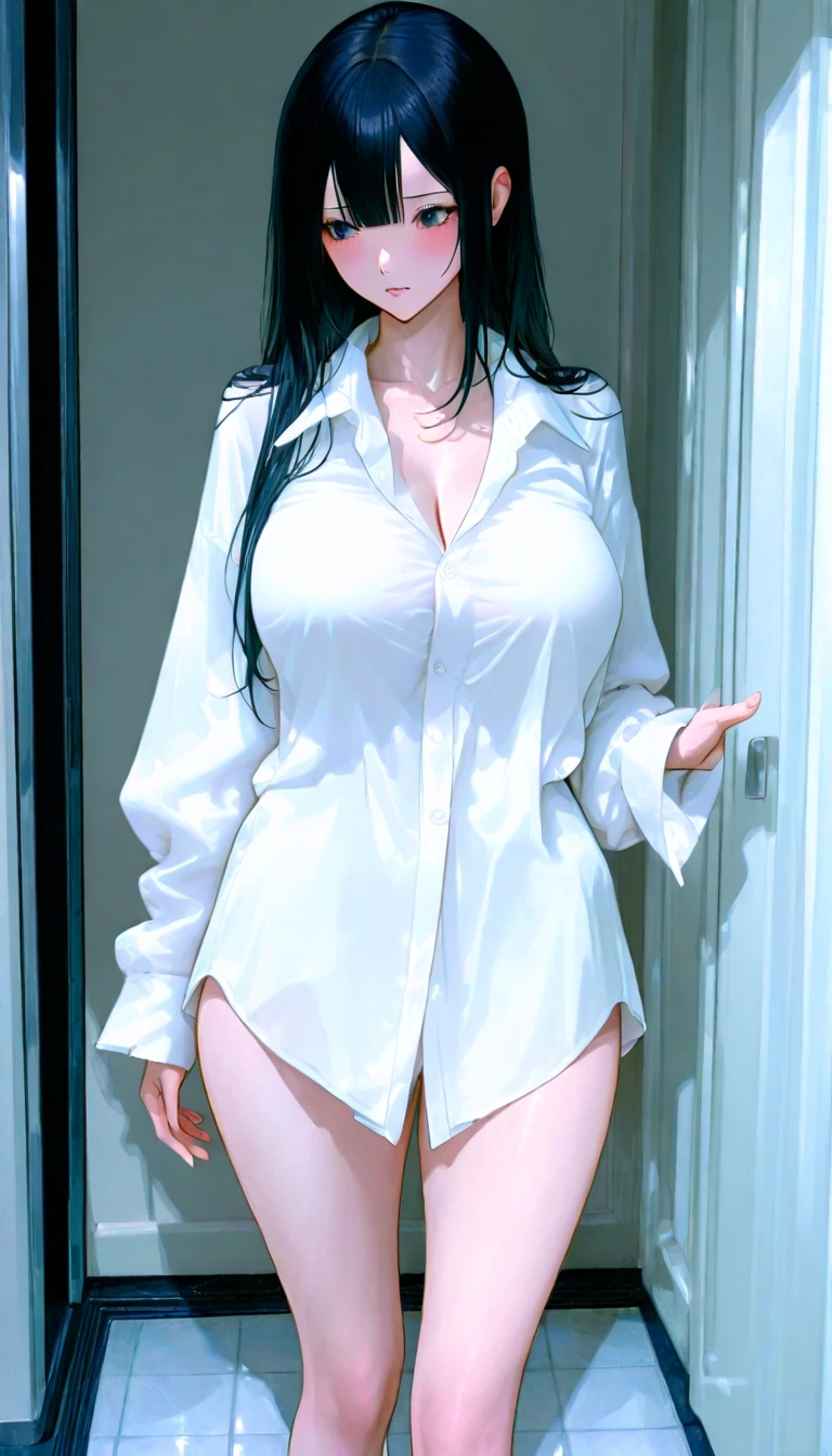(Highest quality)), ((masterpiece)), (detailed), View from below looking up at a woman,((Full body shot 1.5))，A woman in a city with many buildings，28歳のBeautiful woman，Married women，口を開いて微笑むMarried women，The look of temptation，Very sexy，(((Big Breasts，A white open-necked shirt with a large opening，Very good)))，Small nipples，Accentuate your cleavage，
Beautiful woman，Beautiful Face，Big eyes，Beautiful Eyes，Beautiful double eyelids，Beautiful teeth alignment，8 heads，Beautiful body lines，Slender body，Beautiful Hands，Beautiful feet，Long hands，Long legs，Long and supple hair，Shiny Hair，Black Hair，Full body shot 1.4，Embarrassed expression，blush，Mouth half open，Beautiful shoulders，Beautiful clavicle、Woman standing with legs spread，(((Pressing the chest 1.9)))，((I&#39;m not wearing a skirt.8,Panties on knees 1.5))，nsfw1.9