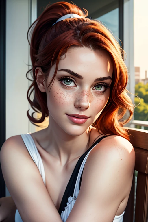 a Redhead amazon girl with (freckles), bright red hair, long hair, sidelocks, cowboy shot, blue eyes, confident smile, bttrfrckl,
beautiful, masterpiece, best quality, ((adult)), extremely detailed face, perfect lighting, 1girl, solo, photorealistic, hi res, hyperdetailed , ultrarealistic,
bttrfrckl, wendy corduroy, green flannel shirt, cleavage, GothicC, CheerleaderCL, pom_pom_(cheerleading), holding pom poms ,