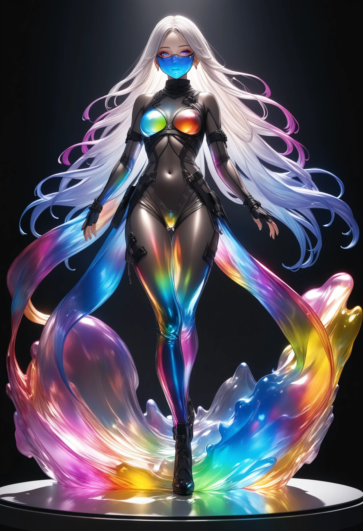 Absurd transparency quality, My SFW OC full body figure, from below, solo, Rendering of colored transparent light, 3.5D Characters figure made of transparent fluid color glass, transparent woman wearing transparent ninja suit, solo, transparent skin, transparent hair, transparent glass face, transparent body, extreme transparent colored texture, Rendering of colored transparent light, Colorful transparent Glowing illumines art, Dutch Golden Age transparent ink lighting, realistic glass figures, \Character"Atlas"\, penetrating effect