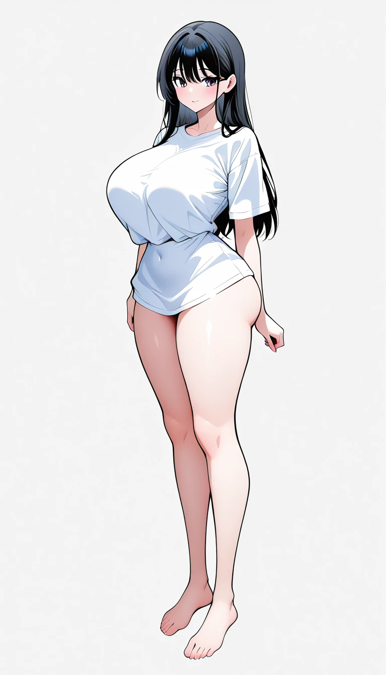 ((1girl, solo)), ((mature female)), beautiful body, (perfect anatomy, perfect body, perfect hands, perfect legs), (five fingers:1.5), natural proportions, sexy body, large breasts, cowboy shot BREAK
((extremely detailed face)), (beautiful detailed eyes:1.6), (realistic pupils, realistic iris:1), expressive eyes, looking at viewer, (clear eyes:1.3), (hyperrealistic:1.2), (detailed skin texture:1.2), smooth skin, (green eyes:1.5), (black hair:1.5), ((long hair)), bangs, hair over shoulder, white scrunchie, (detailed lips:1.2), (attractive lips:1.1), (glossy lips:1.1), blush, perfect face, perfect eyes BREAK
((blue shirt)), collarbone, cleavage, long sleeves, ((white pants)), skin tight, barefoot BREAK
(masterpiece:1.5), anime-style, top quality, best quality, (beautiful and aesthetic:1.2), (ultra detail:1.5), Ultra-detailed depiction, Ultra-precise depiction, extremely detailed 8k illustration, high resolution, (highly detailed shading:1.2), (realistic lighting:1.4), perfect lighting, vibrant colors, dynamic tones, striking hues, 8k, absurd resolution, perfect shadows, hdr, UHD, ambient lighting, realistic, ultra-realistic, photo realistic, highly detailed, rich detail, luminous colors, fine texture, intricate design, professional illustration, (soft light:1.2), (illustration:0.7)
