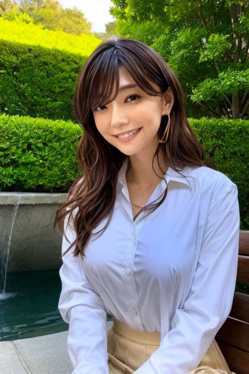 最high quality, masterpiece, One girl, Beautiful Face, (photo Realistic:1.3), Rim Light, (Skin with attention to detail:1.2), 8K Ultra HD, Digital SLR, high quality, High resolution, 4K, 8K, Bokeh, Absurd, The optimal ratio is four fingers to one thumb, (Realistic:1.3), cute One girl, wearing black formal blazer, Medium chest, Short skirt,smile、Background of a valley with a waterfall、