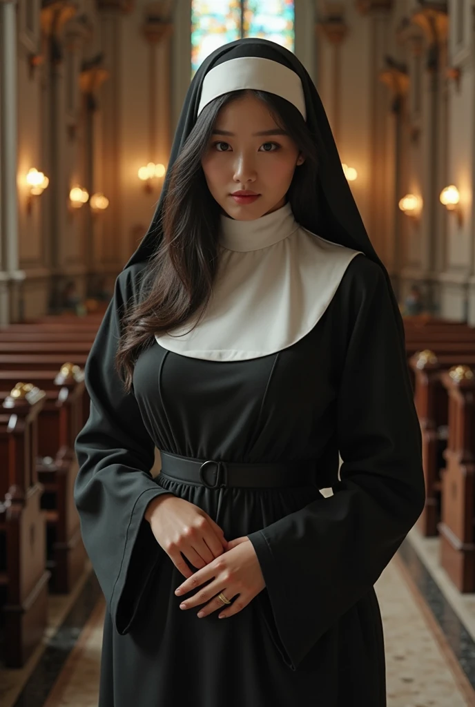 1womanl、25-years old、Cultivated woman、(ultra beautiful faces:1.5)、(Black monastic vestments:1.1)、Sit on a chair in the chapel and open your crotch、(The body is facing this way:1.3)、(spread legs to the sides:1.1)、Cross Necklace、Church Chapel、(At SFW)