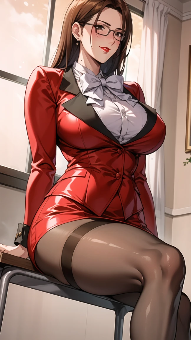 （（super high quality,Ultra-high resolution,4K,8k,super masterpiece,Ultra HD））Dimly lit room,（（One sexy woman,））,（（Red collared shirt,Sleeves up to the elbows,Black long gloves,Black pants with a glossy finish,Black long boots）,A tight collar that was raised,）,Black hair straight bob,Sharp Eyes,Open chest,Cleavage,smile,Pearl Earrings,